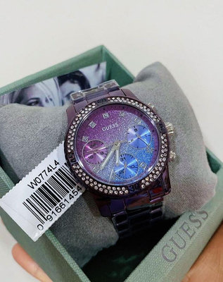 GUESS 水鑽圈 漸層紫色錶盤 紫色不鏽鋼錶帶 石英 女士手錶 W0774L4