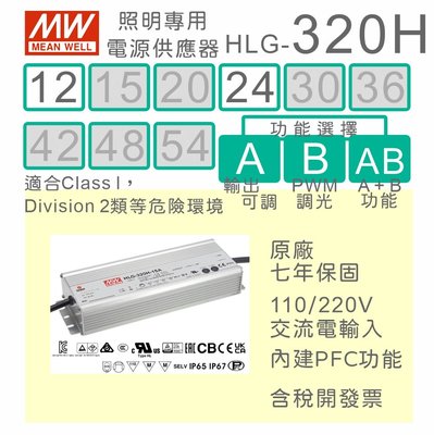 【免運保固附發票】明緯 320W LED Driver 電源 HLG-320H-12A 12V 24A 24V 驅動器