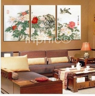 INPHIC-現代客廳裝飾畫 國畫水墨無框畫牡丹花 中式掛畫壁畫三聯