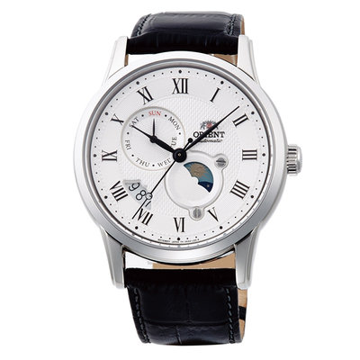 【台南 時代鐘錶 ORIENT】東方錶 RA-AK0008S 羅馬字 藍寶石鏡面 皮錶帶 日月相 機械男錶 白 42mm