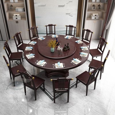 促銷打折 餐桌 飯桌 新中式實木餐桌椅組合轉盤飯店圓形圓餐桌12人飯桌家用大圓桌