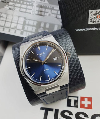 TISSOT PRX 藍色面錶盤 藍色皮革錶帶 石英 男士手錶 T1374101604100 天梭腕錶