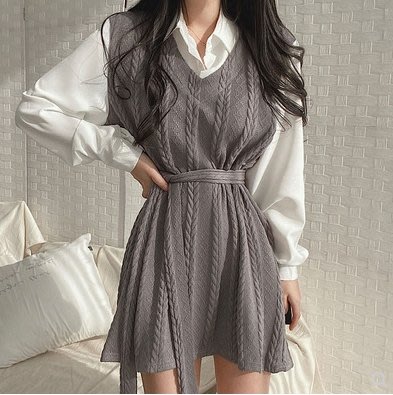 韓國 學院風 假兩件式襯衫洋裝 綁帶洋裝 針織洋裝 針織裙 顯瘦 連身短裙 連身短洋裝 針織洋裝 收腰洋裝