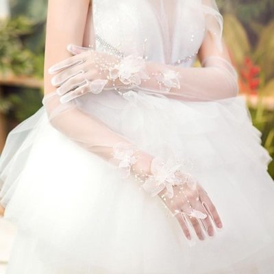 下殺 新娘婚紗手套結婚長款粉色花朵白色網紗蕾絲 新款女遮手臂蜜瑤