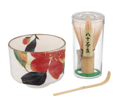 日本 美濃燒 山茶花 櫻花 茶道具茶碗 抹茶碗 茶道三件組合 附盒裝