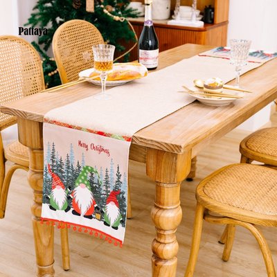 聖誕桌旗森林侏儒圖案流蘇桌布新年裝飾做工精美-新款221015