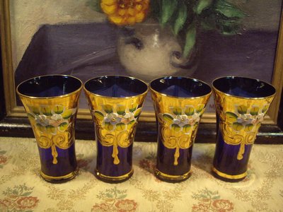 歐洲古物時尚雜貨 義大利 手工 藍色描金玻璃杯 浮雕花朵寬口杯 黃綠葉 擺飾品 古董收藏