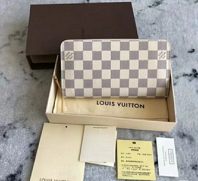 二手正品 Louis Vuitton LV 經典米黃色帆布棋盤格長款拉鏈錢包N41660 皮夾 長夾 手拿包
