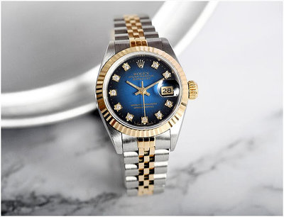 大銘腕錶 二手極新品 勞力士 ROLEX 蠔式女錶 69173G 漸層藍時鑽 26MM RX075054