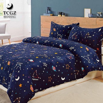 §同床共枕§ 法蘭絨 雙人5x6.2尺 鋪棉床包兩用被四件式組 高35cm-宇宙星空