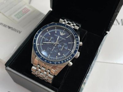 EMPORIO ARMANI 藍色面錶盤 銀色不鏽鋼錶帶 石英 三眼計時 男士手錶 AR6072 亞曼尼腕錶