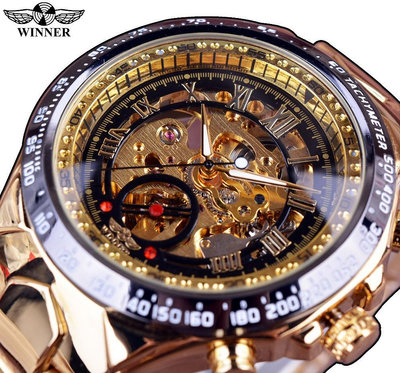 現貨男士手錶腕錶跨境 WINNER 勝利者男士個性時尚金色全鋼鏤空全自動機械錶