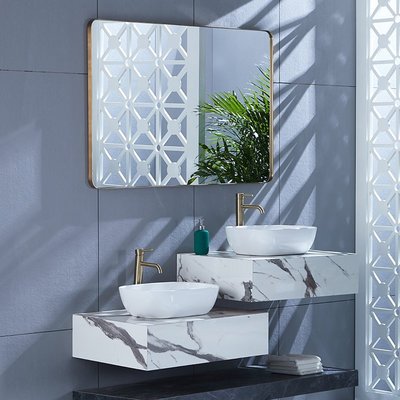 特賣-浴室鏡 鏡子北歐衛生間鏡子掛墻式拉絲黃銅色裝飾鏡方形不銹鋼防霧浴室鏡窄邊
