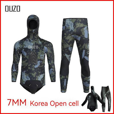 OUZO 7mm 獵魚服 男分體迷彩連帽保暖 韓國Open cell 帽簷袖口褲腰邊 前胸壓膜 戶外
