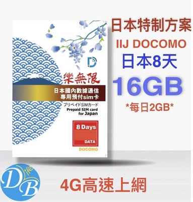 4G無限【日本獨家方案 8天 4G 上網 】每日2GB 日本上網 樂無限  DOCOMO 電信 DB 3C LIFE