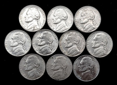 銀幣美國1990-99年連續年份10枚5美分銅鎳硬幣21.2mm杰斐遜 美洲錢幣