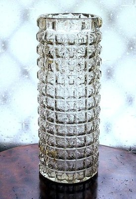 台灣老玻璃花瓶古早民俗工藝品媲美水晶懷舊復古淡綠色格子【心生活美學】