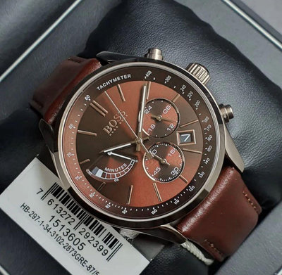 HUGO BOSS Grand Prix 咖啡色錶盤 棕色皮革錶帶 石英 三眼計時 男士手錶 1513605