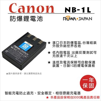 全新現貨@樂華 FOR Canon NB-1L 相機電池 鋰電池 防爆 原廠充電器可充 保固一年