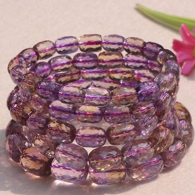 天然紫黃晶手鏈女款雙色桶珠玻利維亞米珠刻面磨面女禮物水晶手串-特價
