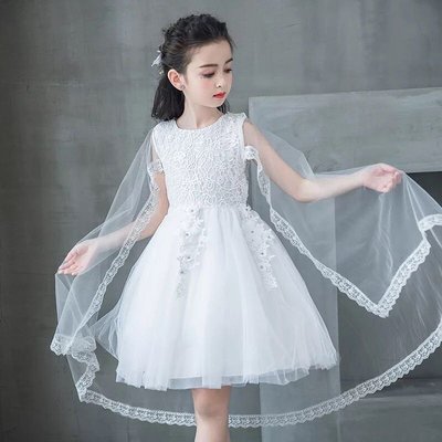 韓版女童白色禮服 音樂會 畢業季演出服 鋼琴演奏 花童 短袖禮服 洋裝紗裙