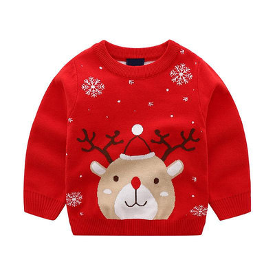 【不起球】聖誕服裝兒童全棉2-6歲男童女童裝聖誕小鹿毛衣秋冬兒童加絨套頭針織衫長袖上衣