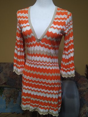 日本製毛線針織彈性民族風 橘色長袖小洋裝 L號111-775