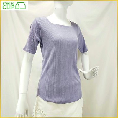 日系品牌 studio CLIP 新品 短袖 舒適上衣 U領 直條紋 合身 棉 上衣 淺紫色 女 M號 A1F15S