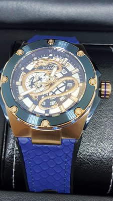 【成吉思汗精品】BALMER賓馬龍王玫瑰金框藍色鱗狀橡皮錶帶藍寶石鏡面型號：8122