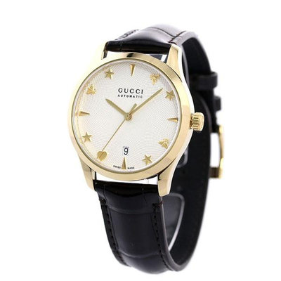 GUCCI YA126470A 古馳 手錶 38mm 白色面盤 金色 黑色皮錶帶 女錶 男錶