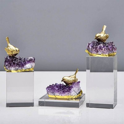 特賣-輕奢風紫水晶個性銅鳥擺件樣板間客廳書房辦公室裝飾品~特價