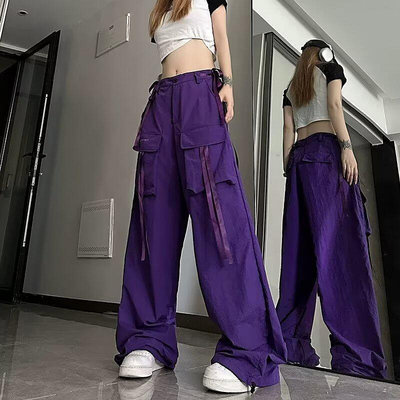 美式復古hiphop紫色工裝褲男女夏直筒嘻哈寬褲顯瘦高腰多口袋褲子工作褲韓版褲子