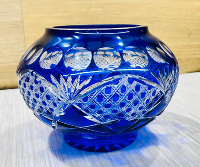 【JP.com】日本傳統硝子工藝 切子製品 藍色雕花 玻璃大碗 零食罐  置物盒 小物收納
