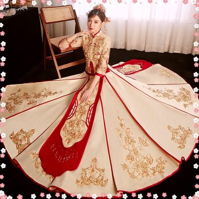 中式龍鳳褂高級婚紗  秀禾服  新娘  2023年新款  香檳色禮服  金色秀禾婚紗-麥德好服裝包包