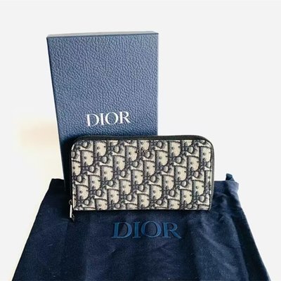 二手正品DIOR 迪奧 Oblique系列 老花 藍色刺繡 帆布 拉鏈長夾 皮夾 長錢包 手拿包