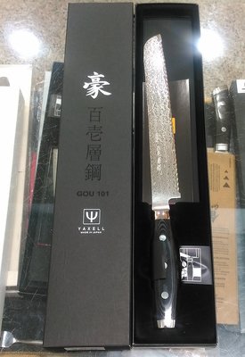 日本yaxell 豪大馬士革101層23公分麵包刀~高硬度折疊鋼龍紋刀