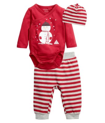 現貨 美國帶回 H&M 童裝 秋冬促銷款 女寶寶 新生兒 可愛小雪人有機棉套裝 內含:帽子+長袖包屁衣+長褲 三件組