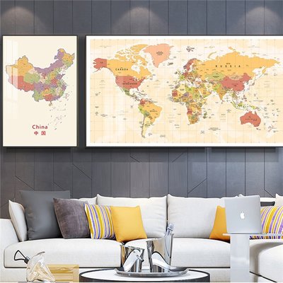 【熱賣精選】中英文高清世界地圖掛畫客廳背景墻面裝飾裝辦公室書房地圖裝飾畫