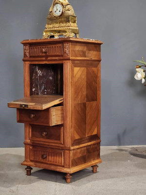 法國 特殊 胡桃木雕刻 大理石 桌面&amp;內櫃  展示櫃 斗櫃  床頭櫃 展示桌 ca1002【卡卡頌  歐洲古董】✬