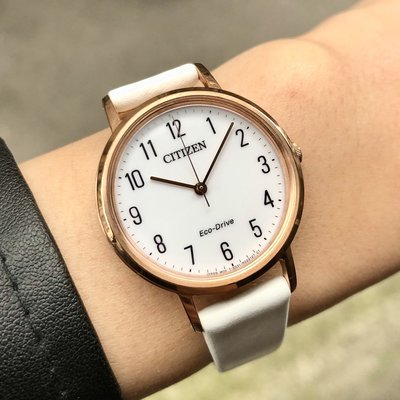 現貨 可自取 CITIZEN EM0579-14A 星辰錶 手錶 30mm 光動能 白面盤 玫瑰金錶圈 白皮錶帶 女錶