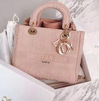 二手正品Christian Dior迪奧 女士 粉色壓紋老花手提包單肩包斜挎包