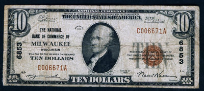 美國1929年版10美國民銀行券(密爾沃基國民商業銀行) 7成左右品 紙幣 紀念鈔 紙鈔【悠然居】1269