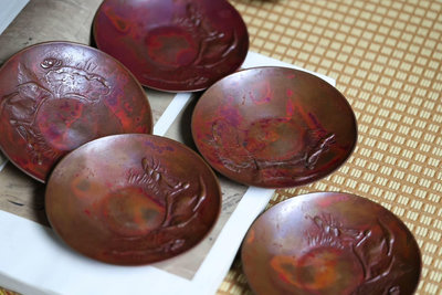 日本精品斑紫銅 茶托 Zs6912 「一路連升」斑紫銅茶托五