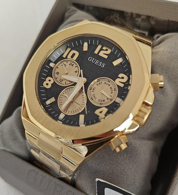 GUESS Empire 八邊形黑色錶盤 金色不鏽鋼錶帶 石英 男士手錶 GW0489G2