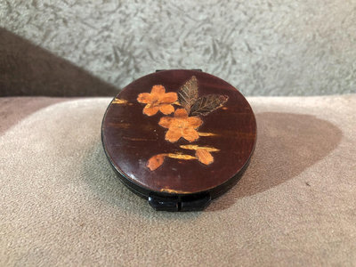 日本回流中古vintage櫻皮細工化妝鏡，便攜式圓鏡，折疊圓