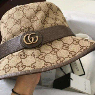 Gucci帽子古馳新款雙G金扣滿logo印花帆布軟呢帽漁夫帽 576587