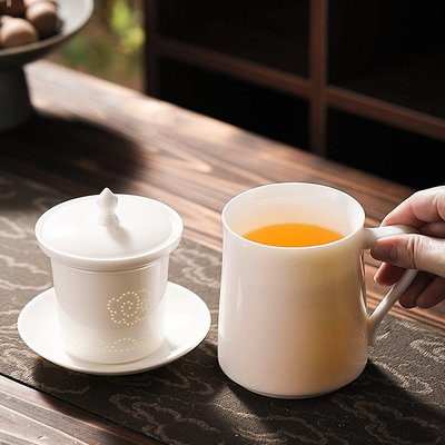 馬克杯羊脂玉白瓷茶水分離帶蓋過濾泡茶杯辦公會議商務禮品辦公杯定