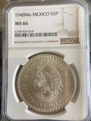 1948年墨西哥印第安瑪雅酋長5比索銀幣NGC MS66