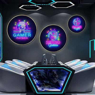 電玩設備電競房間裝飾畫酒店科技感霓虹燈發光掛畫網吧電玩店游戲廳壁畫遊戲機