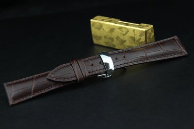 22mm咖啡色紳士風格可替代浪琴 seiko mido原廠錶帶壓鱷魚皮紋錶帶,方便雙按式不鏽鋼蝴蝶彈扣